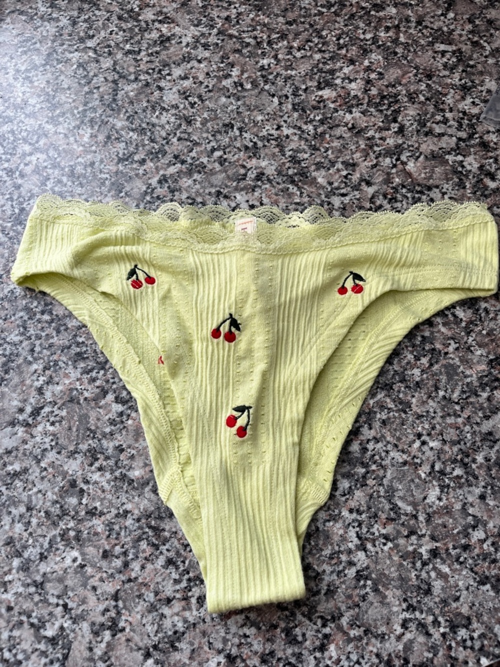 Lime Green Ribbed Bikini Briefs with Cherry Embroidery